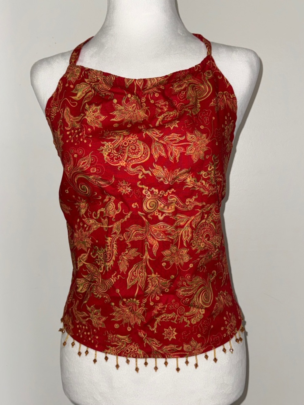 Amazon Essentials Red Paisley Halter Crop Top with Gold Bead Fringe
